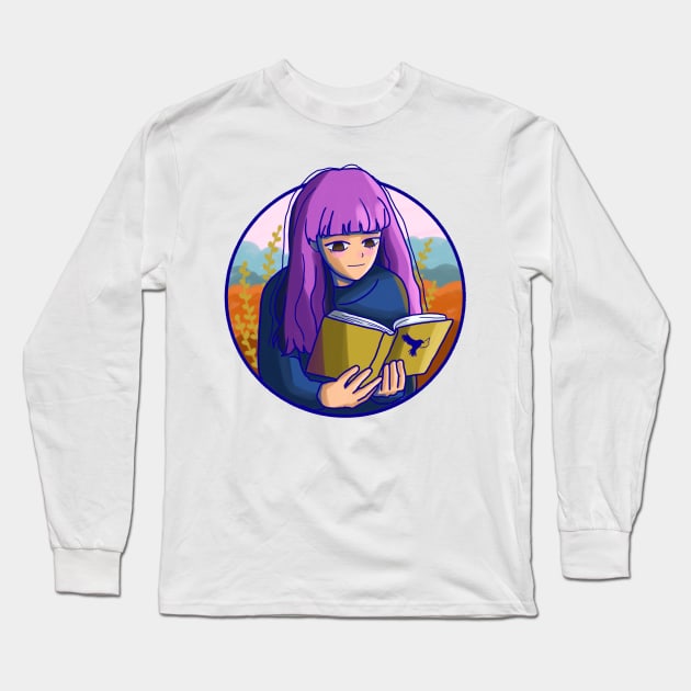 Cute girl with purple hair hypnotized by book Long Sleeve T-Shirt by Mayarart